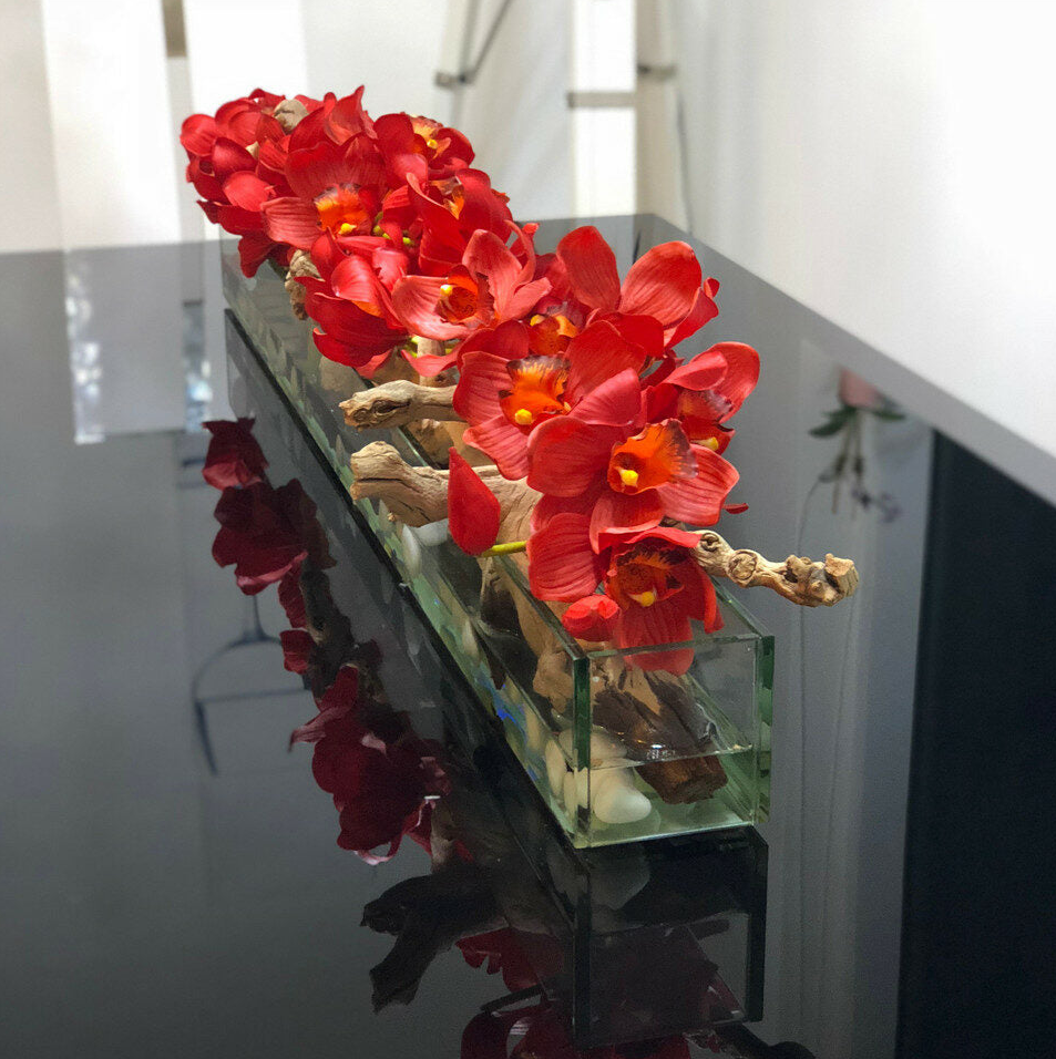 120 cm Modern House Glass Planter with red Cymbidium orchids.