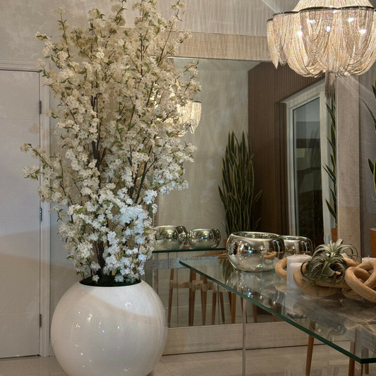 76 cm Glossy White Spherical Vase with White Cherry Blossom Branches